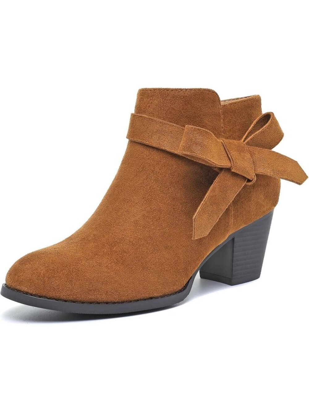 Women's Brown Side Zipper Bow Decor Round Toe Soft Comfort Casual Ankle & Bootie